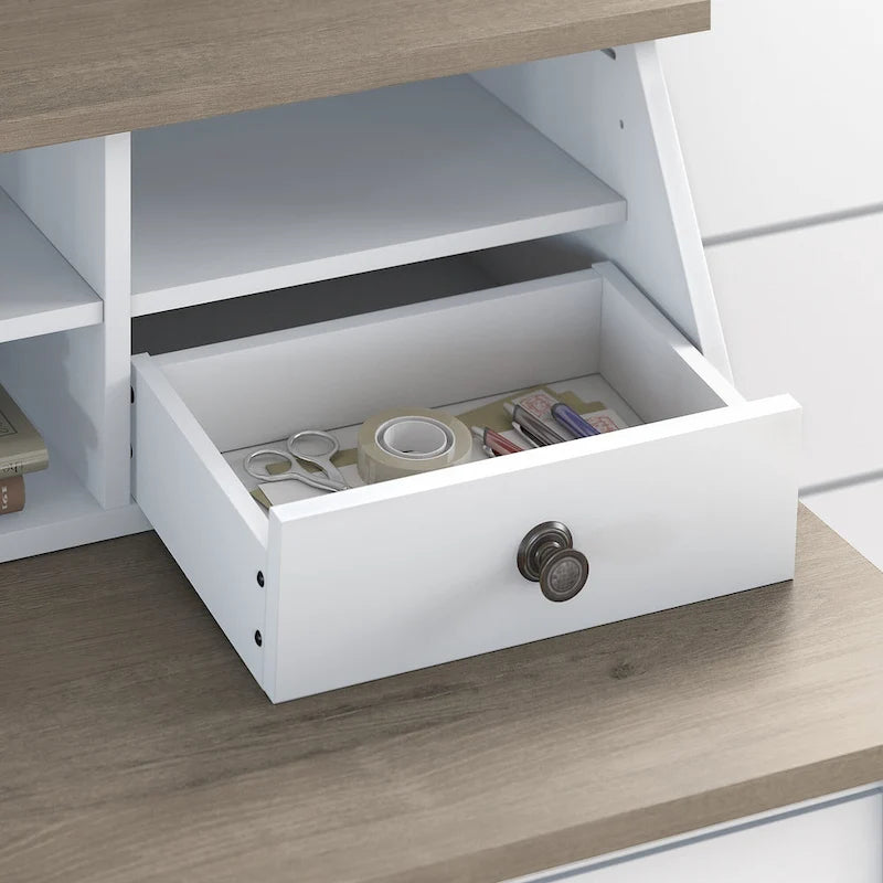 Organisateur de bureau avec 8 compartiments et tiroirs à crayons, gris shiplap/blanc pur