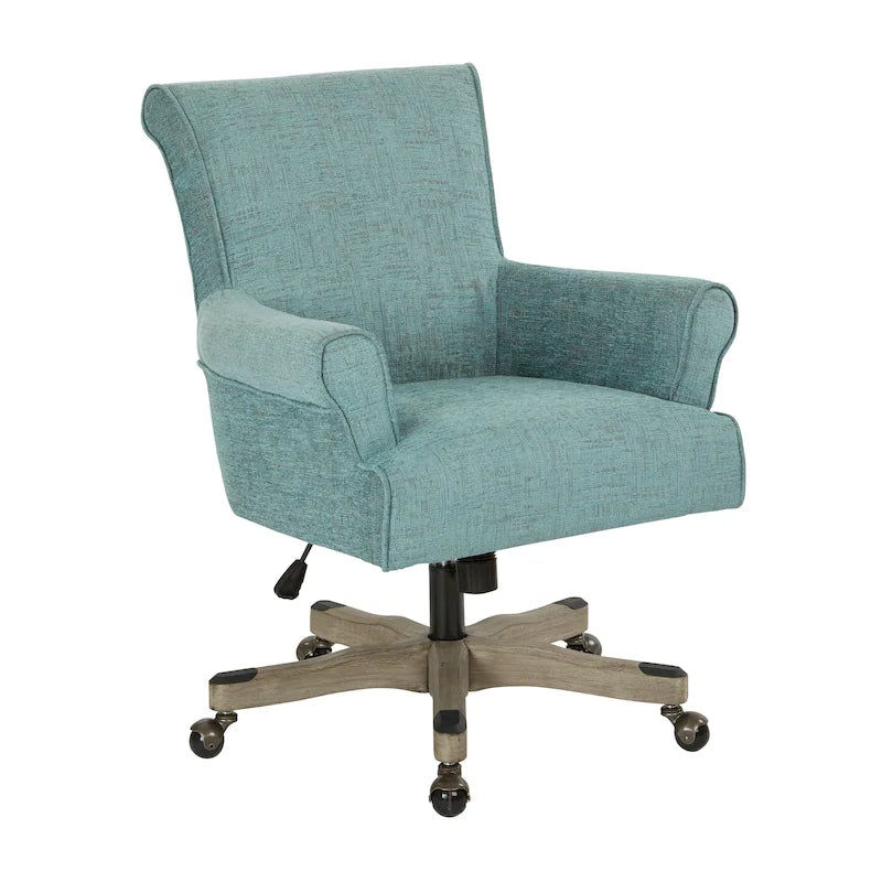 Fauteuil de bureau haut dossier en tissu avec piètement en bois, Turquoise / Bleu marine, 1 personne