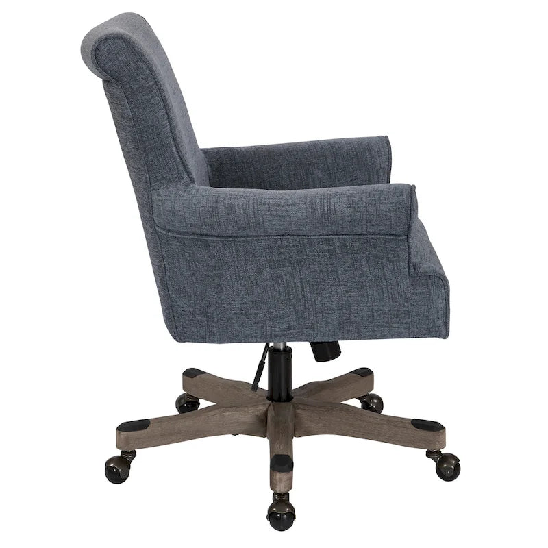 Fauteuil de bureau haut dossier en tissu avec piètement en bois, Turquoise / Bleu marine, 1 personne