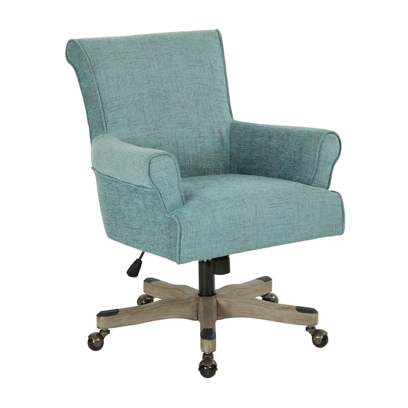Fauteuil de bureau haut dossier en tissu avec piètement en bois, Turquoise / Bleu marine, 1 personne