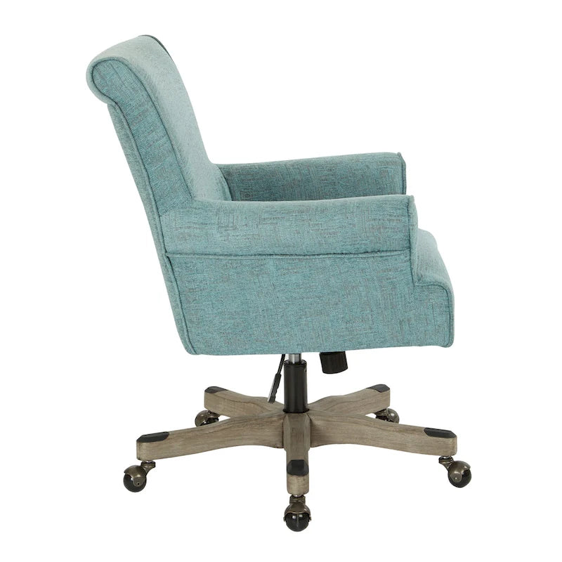 Fauteuil de bureau haut dossier en tissu avec piètement en bois, Turquoise / Bleu marine, 1 personne