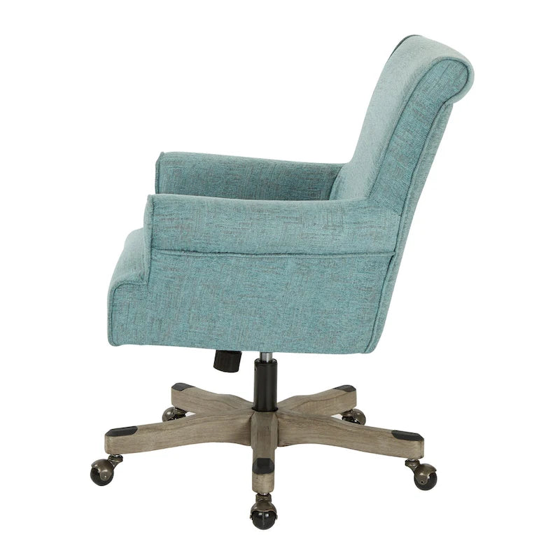Fauteuil de bureau haut dossier en tissu avec piètement en bois, Turquoise / Bleu marine, 1 personne