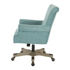 Fauteuil de bureau haut dossier en tissu avec piètement en bois, Turquoise / Bleu marine, 1 personne