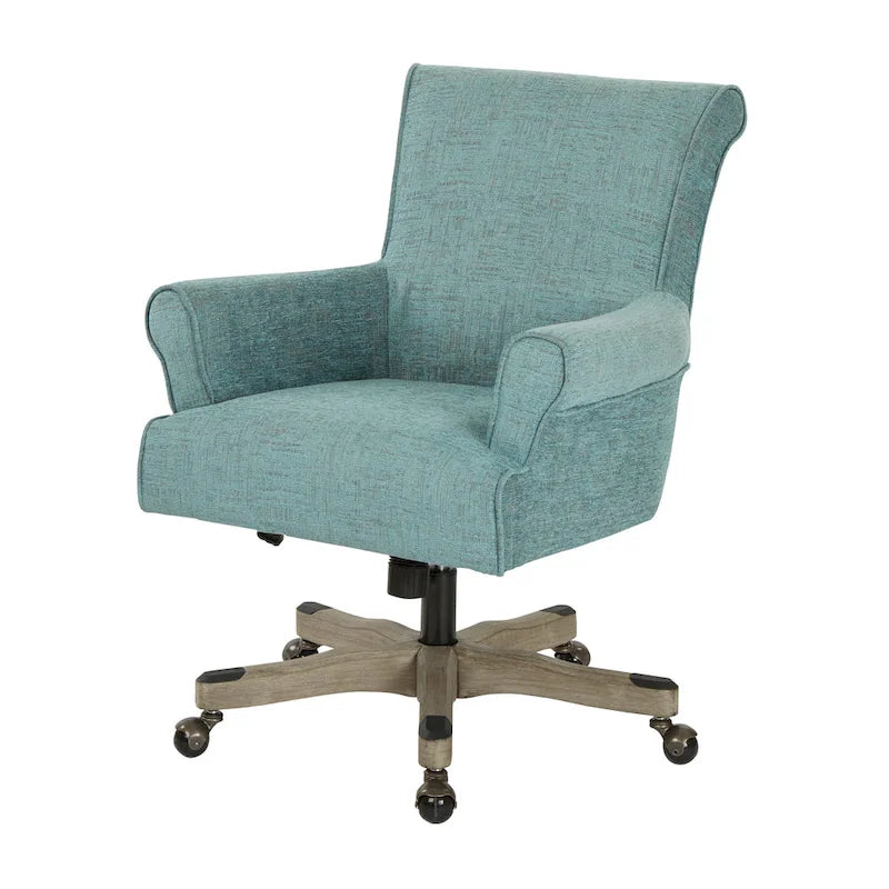 Fauteuil de bureau haut dossier en tissu avec piètement en bois, Turquoise / Bleu marine, 1 personne