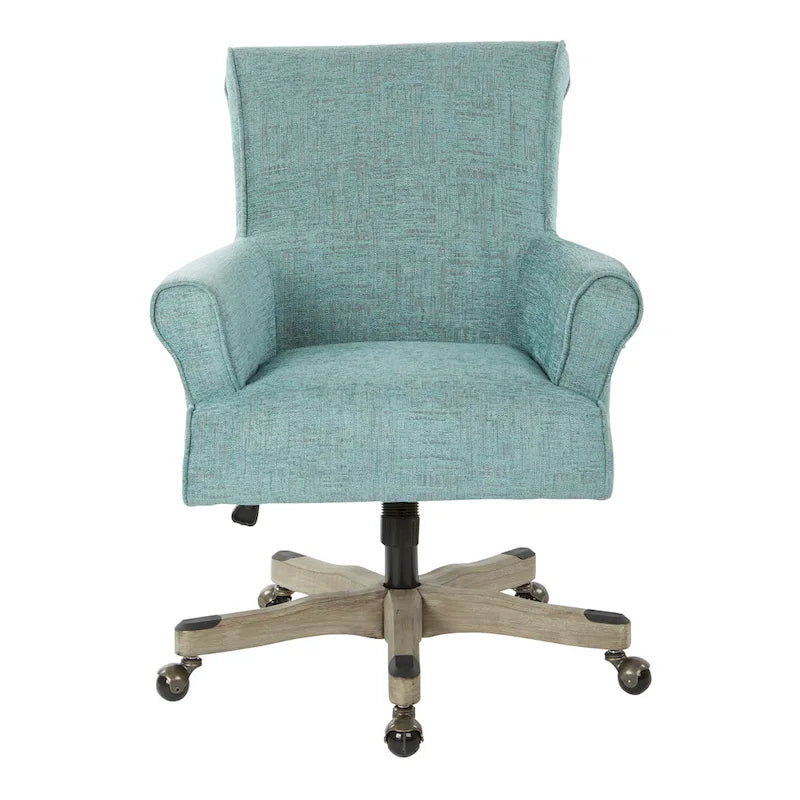Fauteuil de bureau haut dossier en tissu avec piètement en bois, Turquoise / Bleu marine, 1 personne