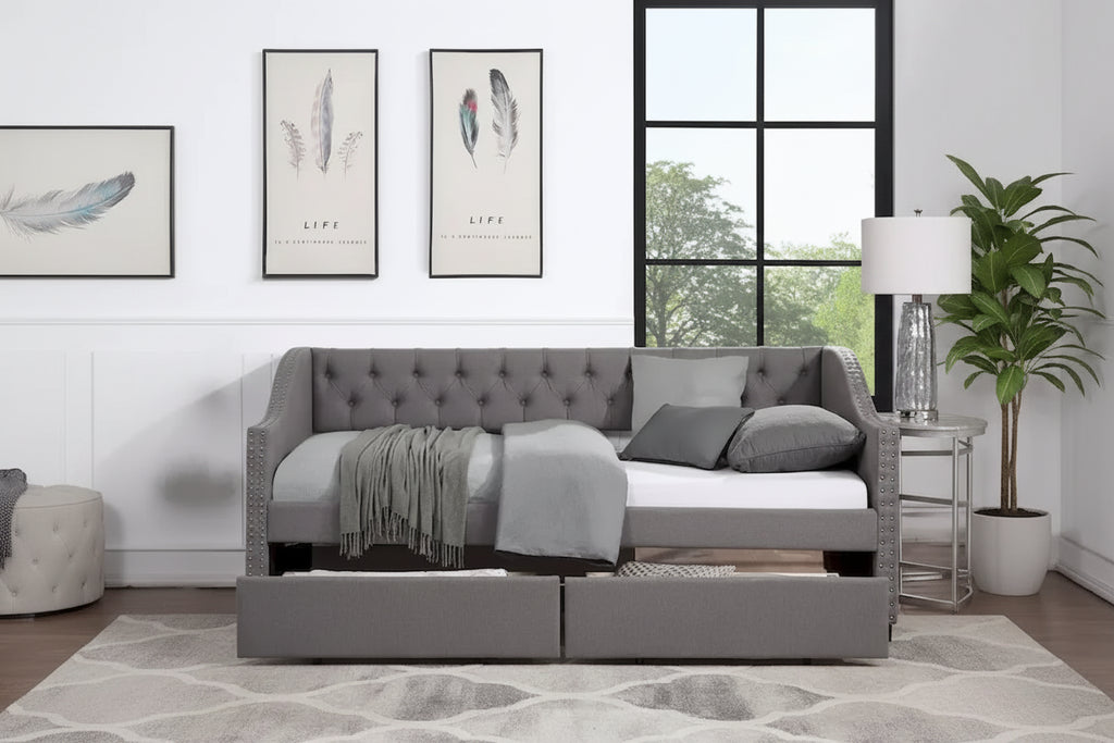 Upholstered Twin Size daybed with Two Drawers, Wood Slat Support, Gray