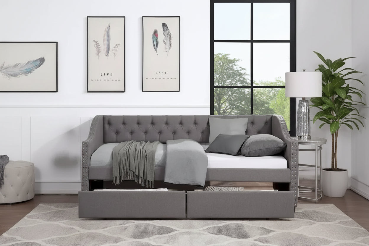 Upholstered Twin Size daybed with Two Drawers, Wood Slat Support, Gray