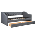 Lit de repos jumeau en lin gris avec 2 tiroirs et lattes en bois, simple
