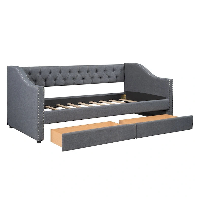 Lit de repos jumeau en lin gris avec 2 tiroirs et lattes en bois, simple