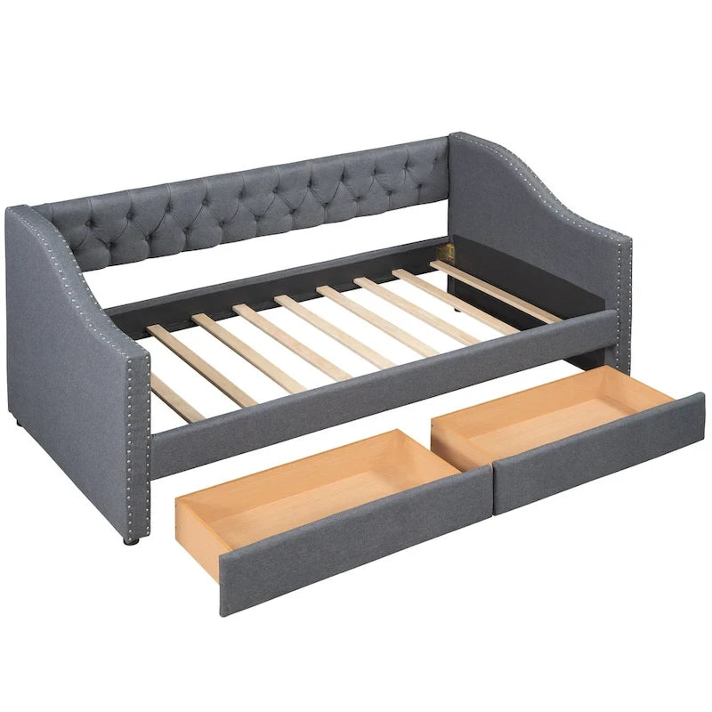 Lit de repos jumeau en lin gris avec 2 tiroirs et lattes en bois, simple