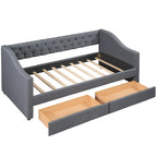 Lit de repos jumeau en lin gris avec 2 tiroirs et lattes en bois, simple