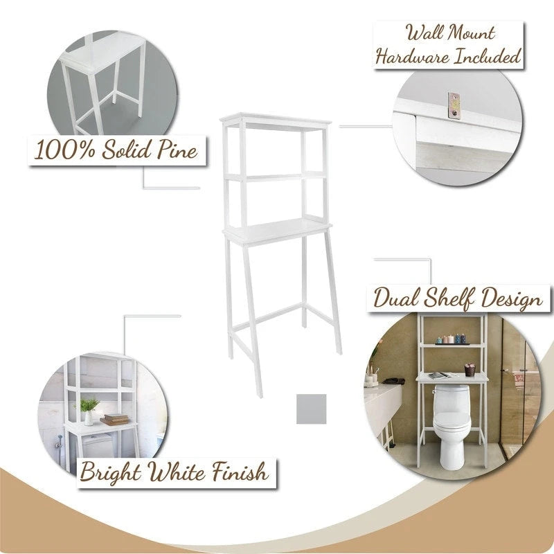 Étagère de salle de bain 2 niveaux en bois massif blanc, à placer au-dessus des toilettes