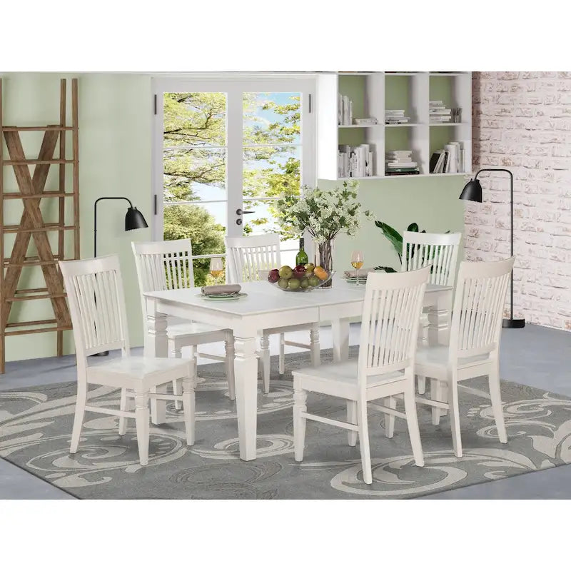 Ensemble de salle à manger 7 pièces avec table à rallonge papillon et 6 chaises, Cerisier noir / Blanc lin, 6 places