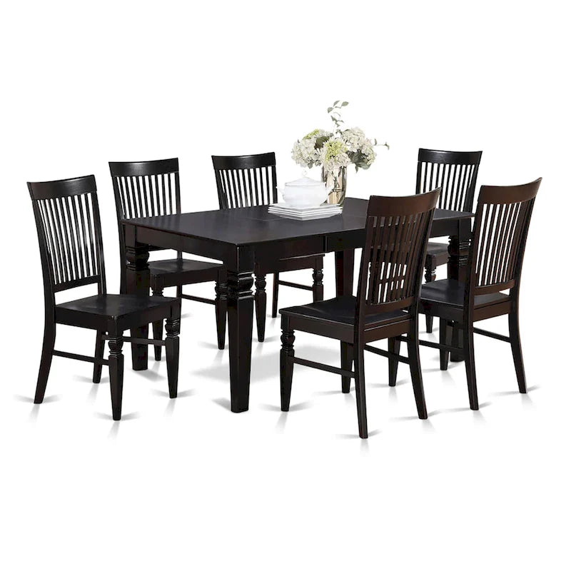 Ensemble de salle à manger 7 pièces avec table à rallonge papillon et 6 chaises, Cerisier noir / Blanc lin, 6 places