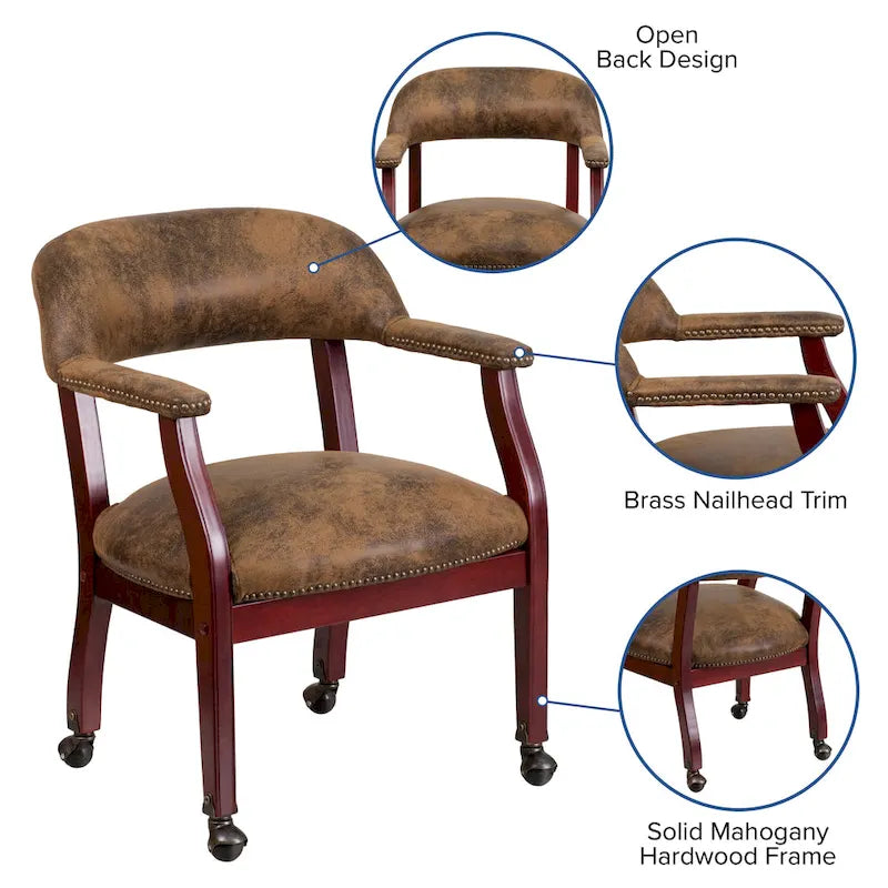 Fauteuil de capitaine traditionnel marron avec clous décoratifs et roulettes, simple