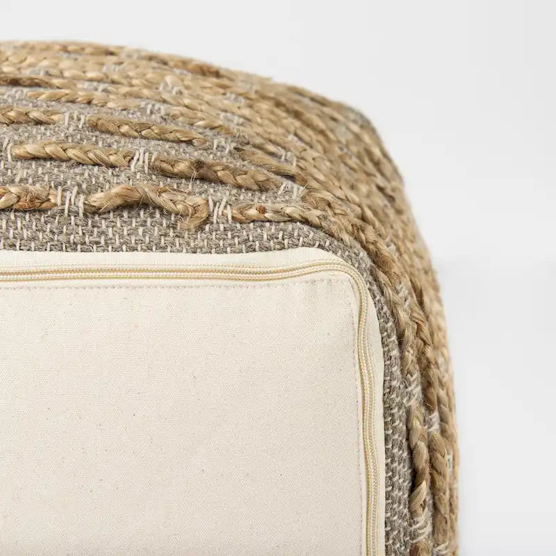 Pouf carré gris et marron, chanvre laine coton, 1 personne