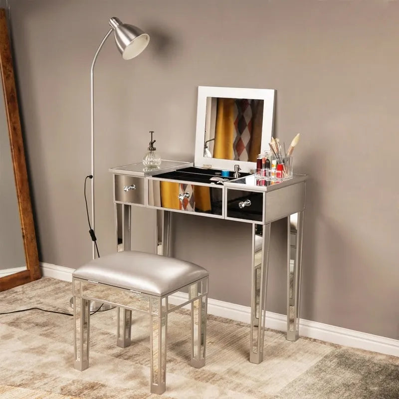 Bureau de toilette-écritoire réversible miroir argenté, 1 personne