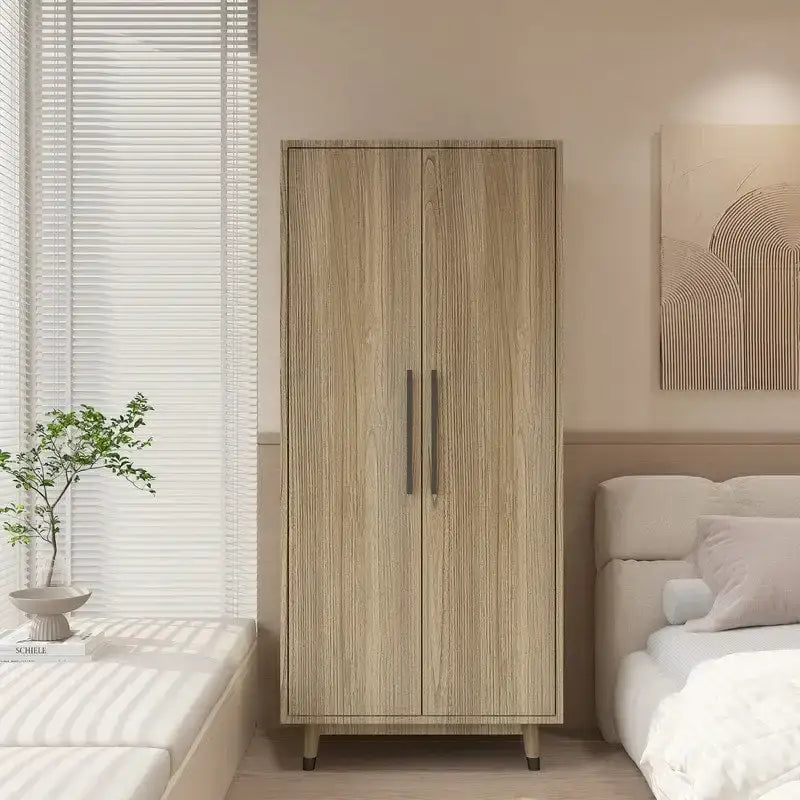 Armoire 2 portes en bois avec tringle, blanc/marron, 1 personne
