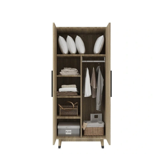Armoire 2 portes en bois avec tringle, blanc/marron, 1 personne