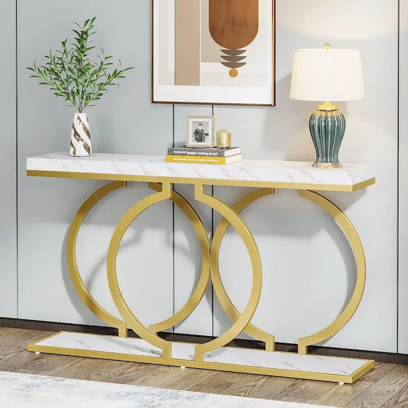 Console 55", motif triple boucle, frêne de plante / blanc et or