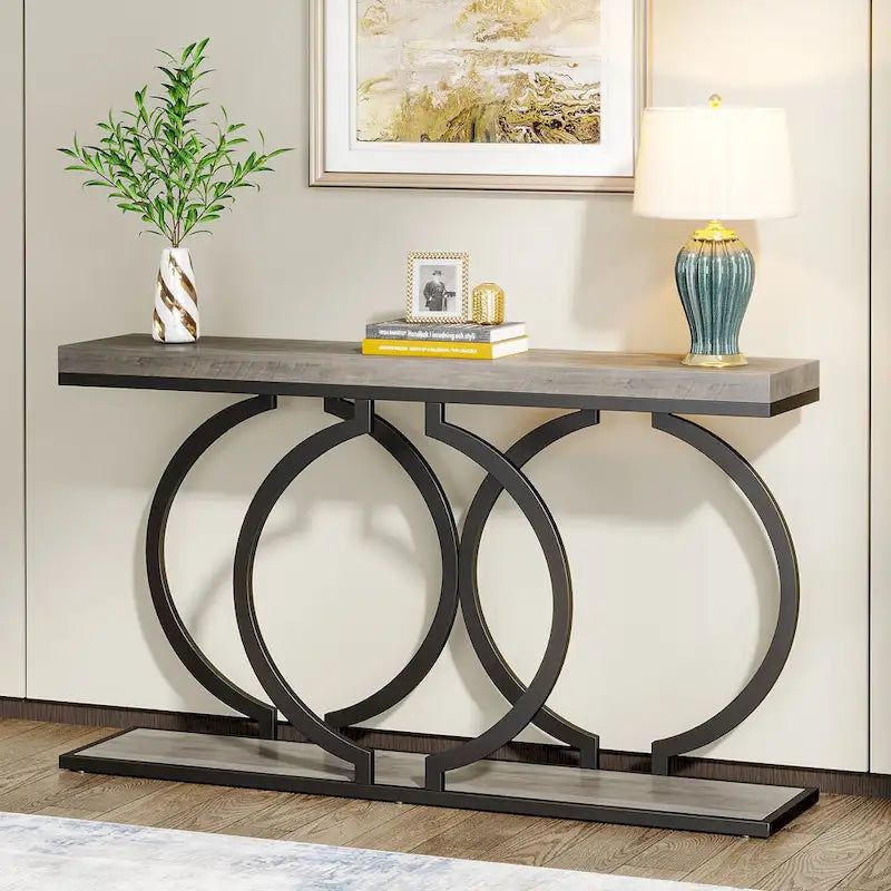 Console 55", motif triple boucle, frêne de plante / blanc et or
