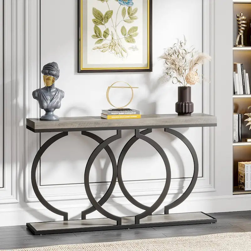 Console 55", motif triple boucle, frêne de plante / blanc et or