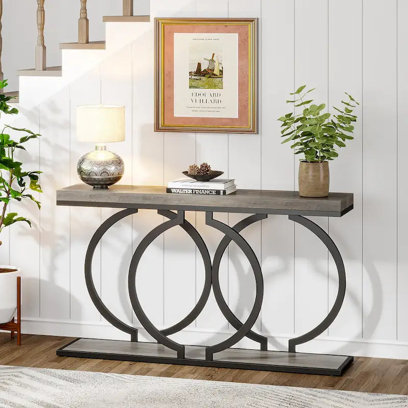 Console 55", motif triple boucle, frêne de plante / blanc et or