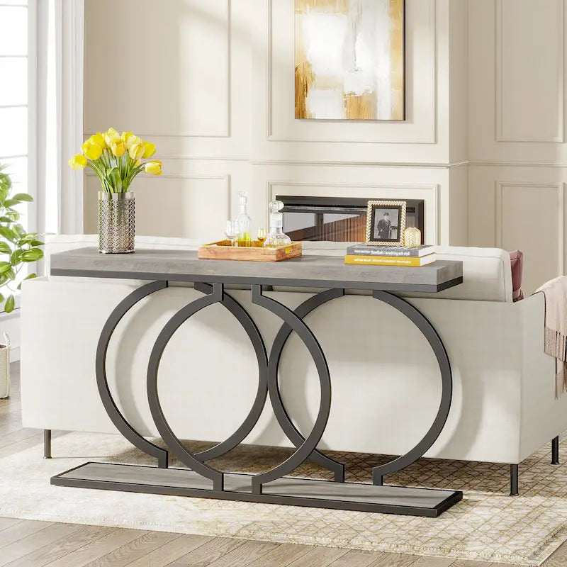 Console 55", motif triple boucle, frêne de plante / blanc et or