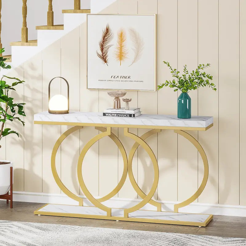 Console 55", motif triple boucle, frêne de plante / blanc et or