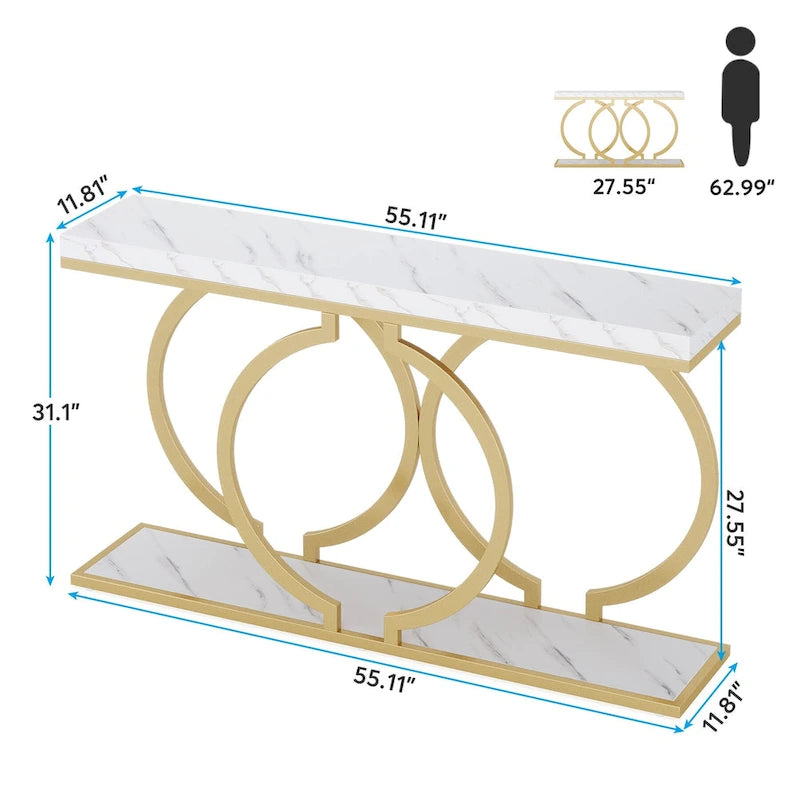 Console 55", motif triple boucle, frêne de plante / blanc et or