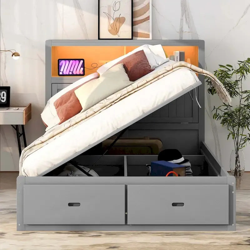 Lit plateforme queen gris/blanc avec tête de lit et rangement LED, 2 personnes