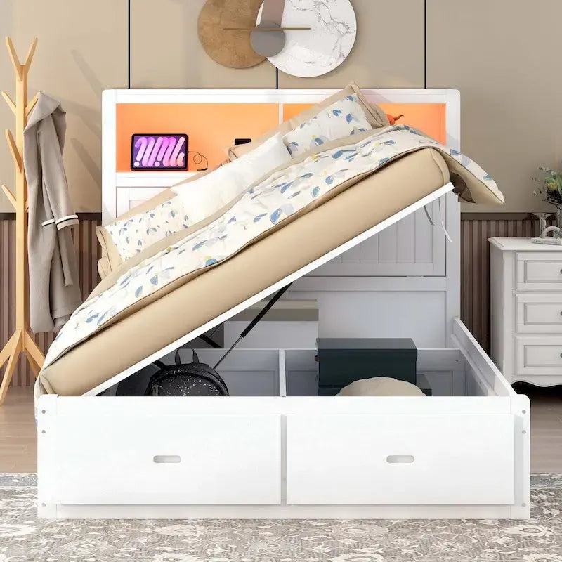 Lit plateforme queen gris/blanc avec tête de lit et rangement LED, 2 personnes