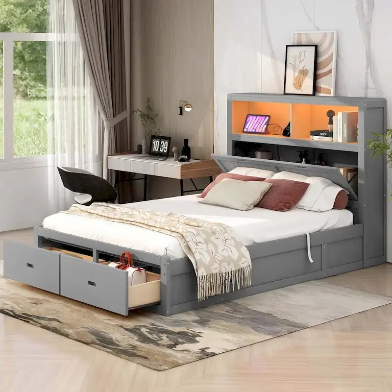 Lit plateforme queen gris/blanc avec tête de lit et rangement LED, 2 personnes