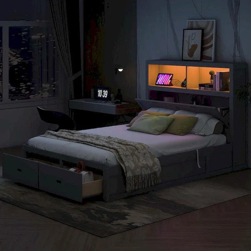 Lit plateforme queen gris/blanc avec tête de lit et rangement LED, 2 personnes
