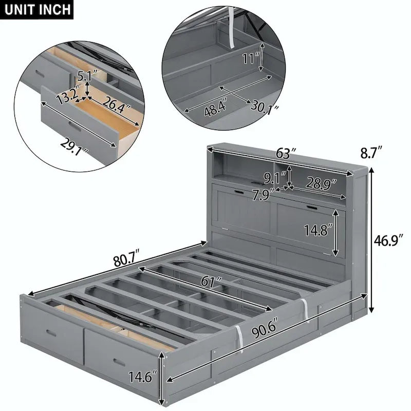 Lit plateforme queen gris/blanc avec tête de lit et rangement LED, 2 personnes