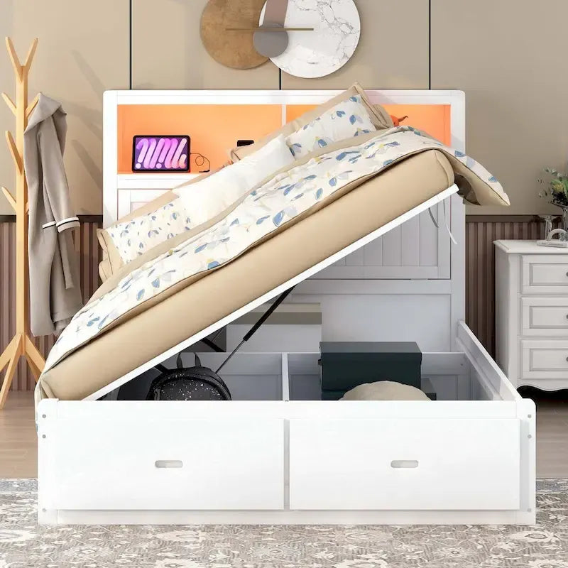 Lit plateforme queen gris/blanc avec tête de lit et rangement LED, 2 personnes