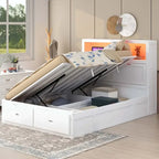 Lit plateforme queen gris/blanc avec tête de lit et rangement LED, 2 personnes