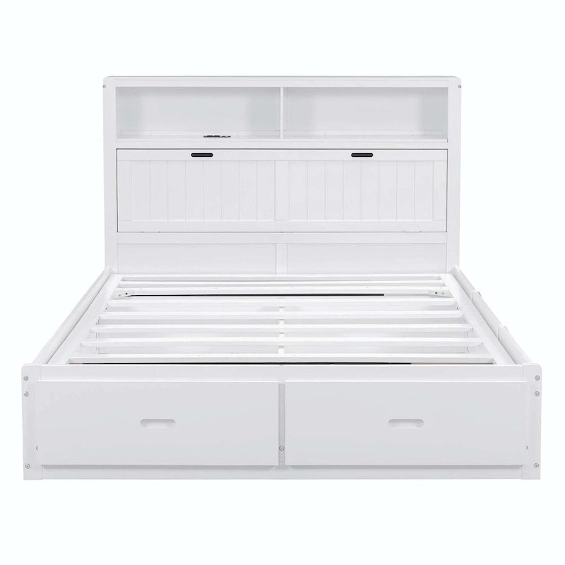 Lit plateforme queen gris/blanc avec tête de lit et rangement LED, 2 personnes