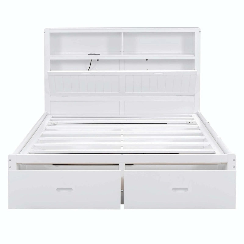 Lit plateforme queen gris/blanc avec tête de lit et rangement LED, 2 personnes