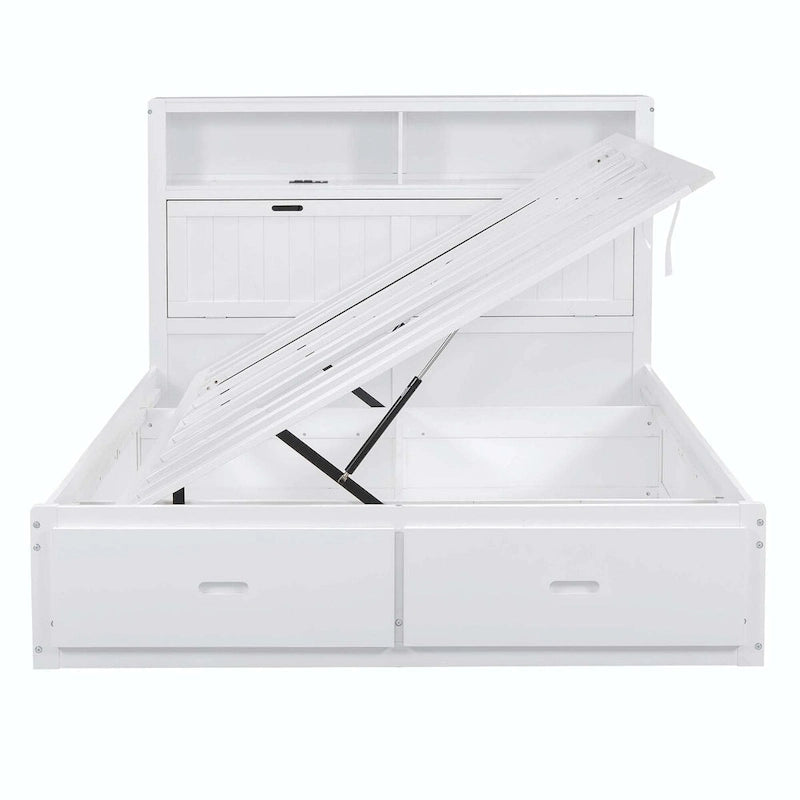 Lit plateforme queen gris/blanc avec tête de lit et rangement LED, 2 personnes