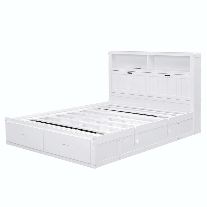 Lit plateforme queen gris/blanc avec tête de lit et rangement LED, 2 personnes