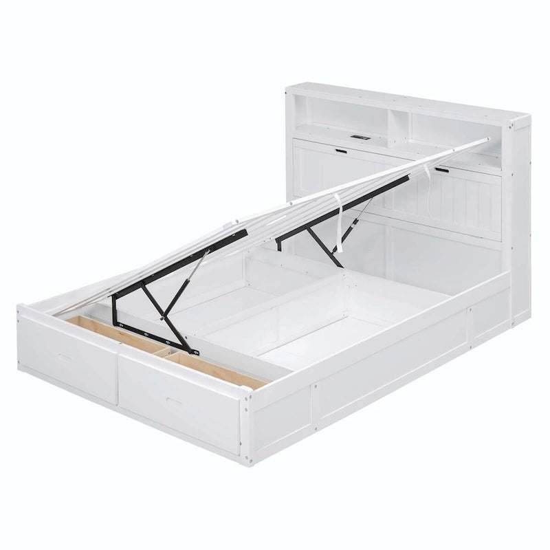 Lit plateforme queen gris/blanc avec tête de lit et rangement LED, 2 personnes