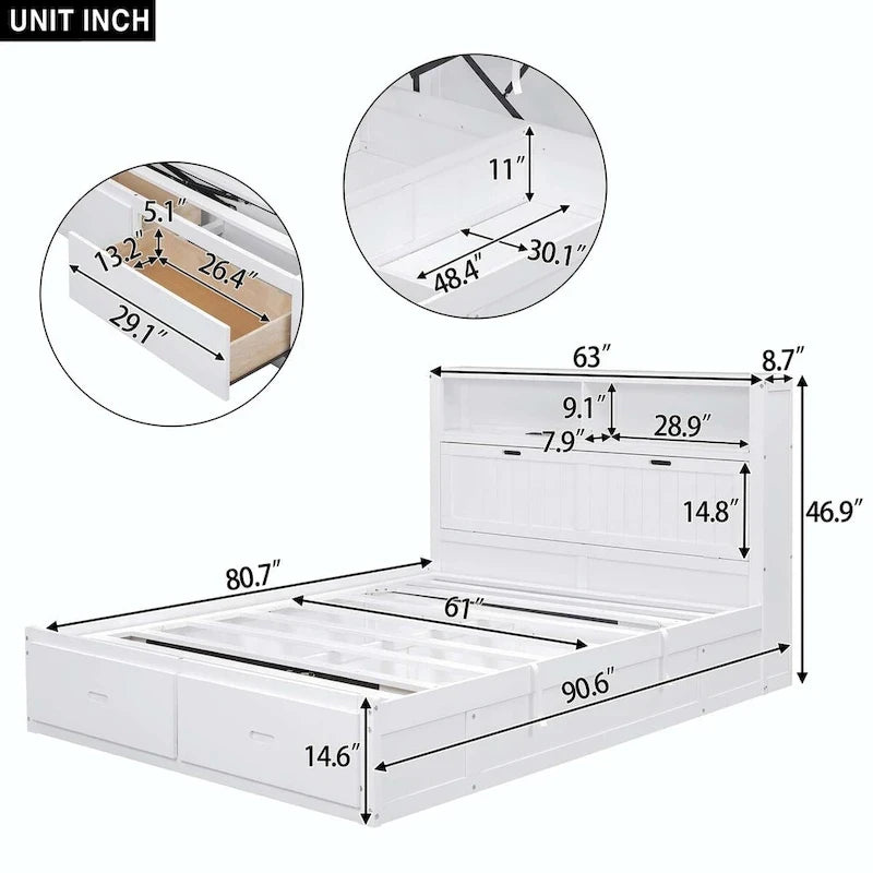 Lit plateforme queen gris/blanc avec tête de lit et rangement LED, 2 personnes
