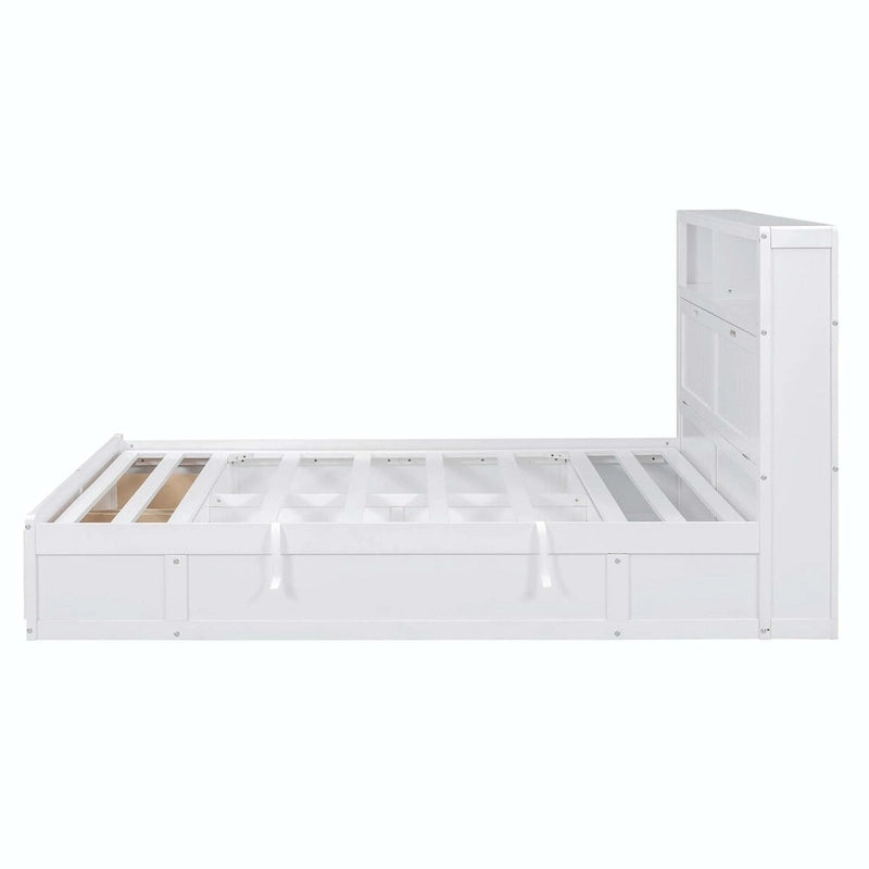 Lit plateforme queen gris/blanc avec tête de lit et rangement LED, 2 personnes