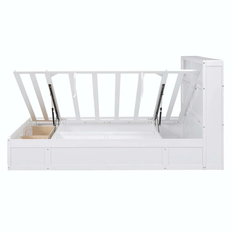 Lit plateforme queen gris/blanc avec tête de lit et rangement LED, 2 personnes