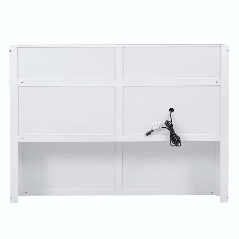 Lit plateforme queen gris/blanc avec tête de lit et rangement LED, 2 personnes