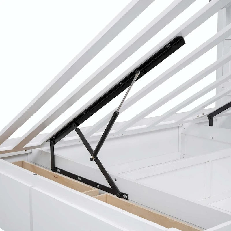 Lit plateforme queen gris/blanc avec tête de lit et rangement LED, 2 personnes