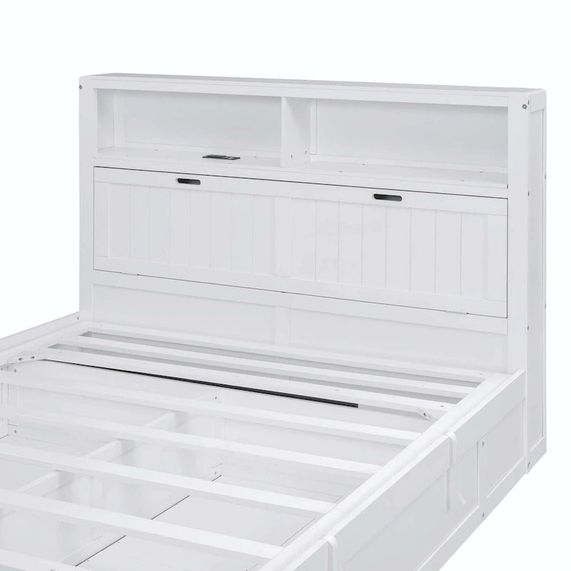 Lit plateforme queen gris/blanc avec tête de lit et rangement LED, 2 personnes