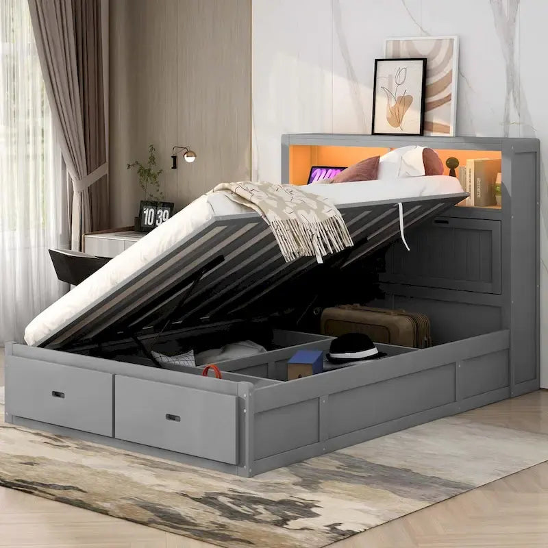 Lit plateforme queen gris/blanc avec tête de lit et rangement LED, 2 personnes