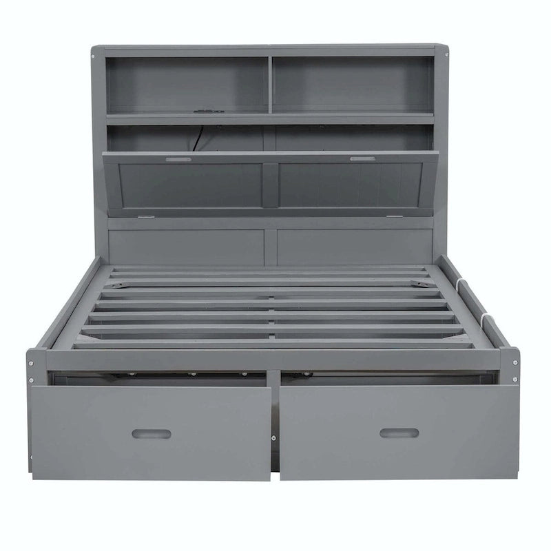 Lit plateforme queen gris/blanc avec tête de lit et rangement LED, 2 personnes